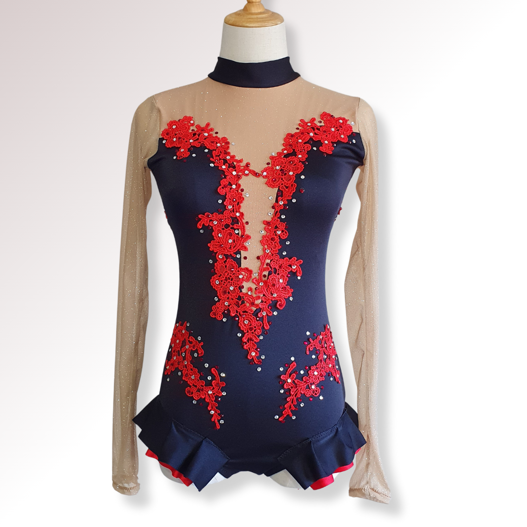 Black leotard with red floral embroidery on a mannequin against a white background