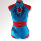 Blue dance costume with sequin details on a mannequin against a white background