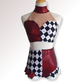 Mannequin wearing a red, black, and white checkered leotard with sequin accents on a white background